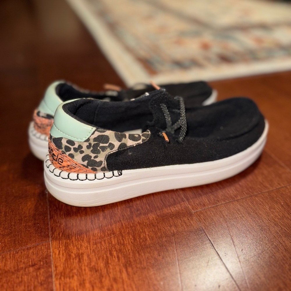 Hey Dude Black and Green Slip-On Sneakers with Animal Print